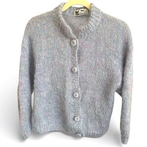 Vintage WOOF Design Newfoundland Fuzzy Mohair Cardigan Sweater Blue Pastel Color